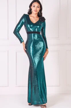 Maxi Dresses^* Liquid Sequin Corsage Maxi Emerald