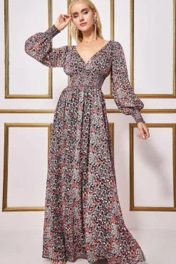 Maxi Dresses^* Long Sleeve Maxi Shirred Waistband - Floral Print Floralprint