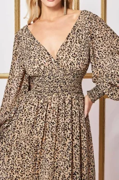 Maxi Dresses^* Long Sleeve Maxi Shirred Waistband - Animal Print Animalprint