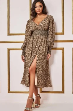 Midi Dresses^* Long Sleeve Midi Shirred Waistband - Animal Print Animalprint