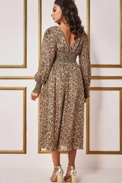 Midi Dresses^* Long Sleeve Midi Shirred Waistband - Animal Print Animalprint