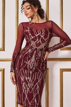 Midi Dresses^* Long Sleeve Sequin Flame Midi Dress Wine