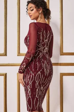 Midi Dresses^* Long Sleeve Sequin Flame Midi Dress Wine