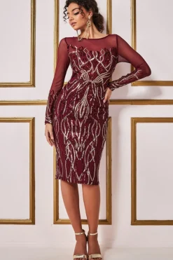 Midi Dresses^* Long Sleeve Sequin Flame Midi Dress Wine