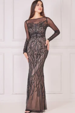Maxi Dresses^* Long Sleeve Sequin Flame Maxi Solid Black