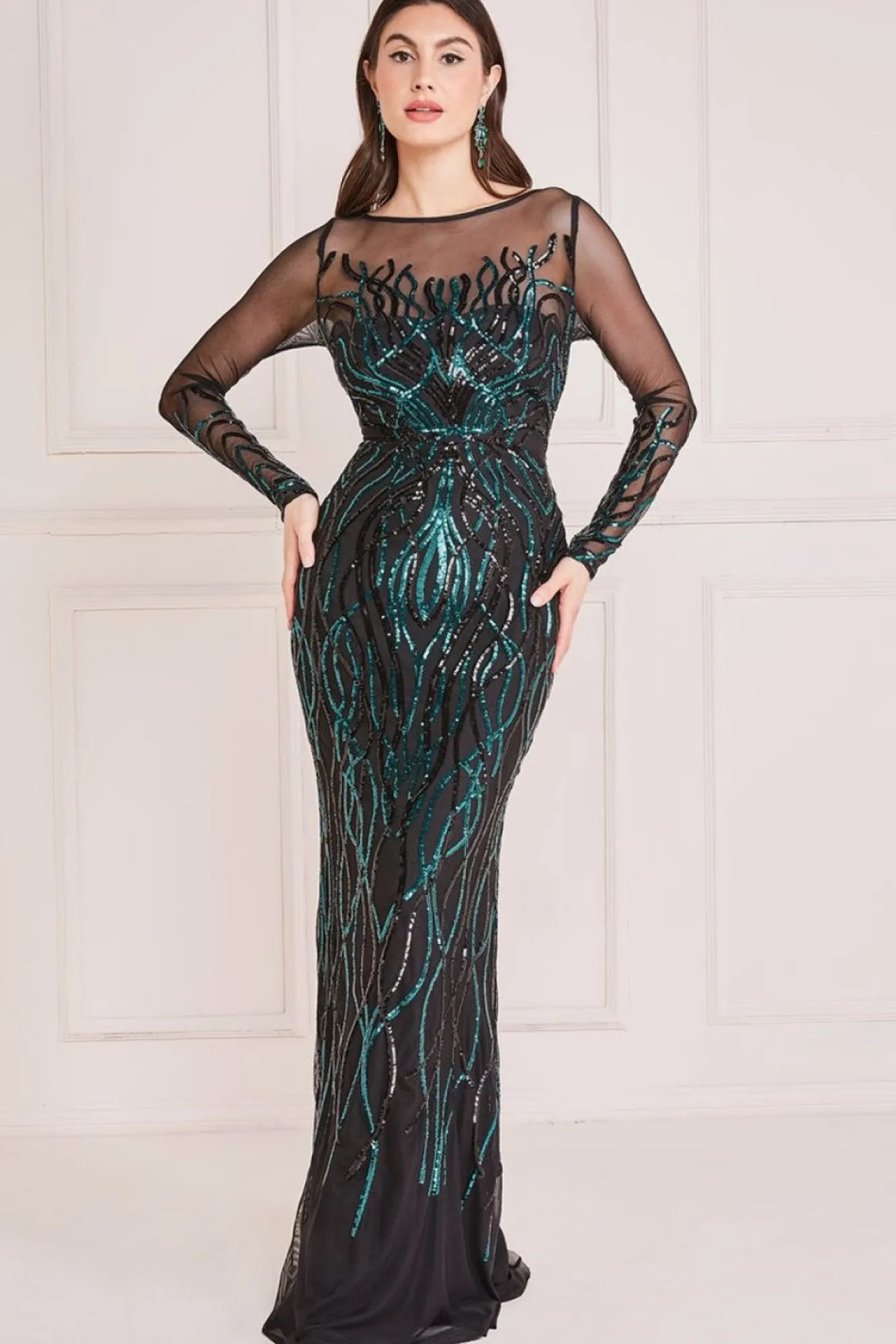 Maxi Dresses^* Long Sleeve Sequin Flame Maxi Emerald