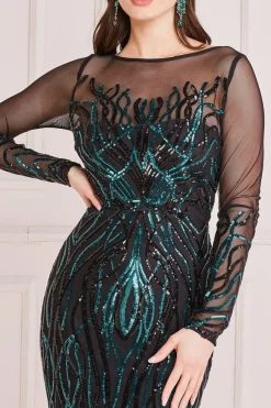 Maxi Dresses^* Long Sleeve Sequin Flame Maxi Emerald