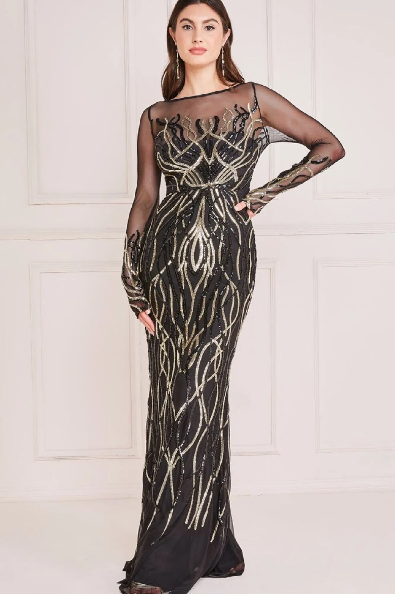 Maxi Dresses^* Long Sleeve Sequin Flame Maxi Gold