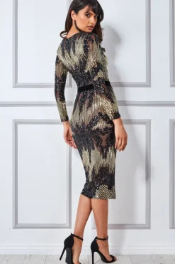 Midi Dresses^* Long Sleeve Sequin Party Midi Dress Black