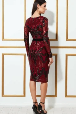 Midi Dresses^* Long Sleeve Sequin Party Midi Dress Wine
