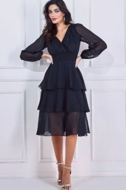 Midi Dresses^* Long Sleeve Tiered Midi Dress Black