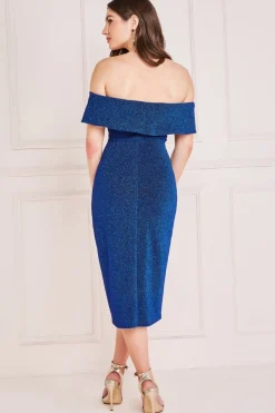 Midi Dresses^* Lurex Bardot Midi With Waterfall Ruffle - Royal Blue Royalblue