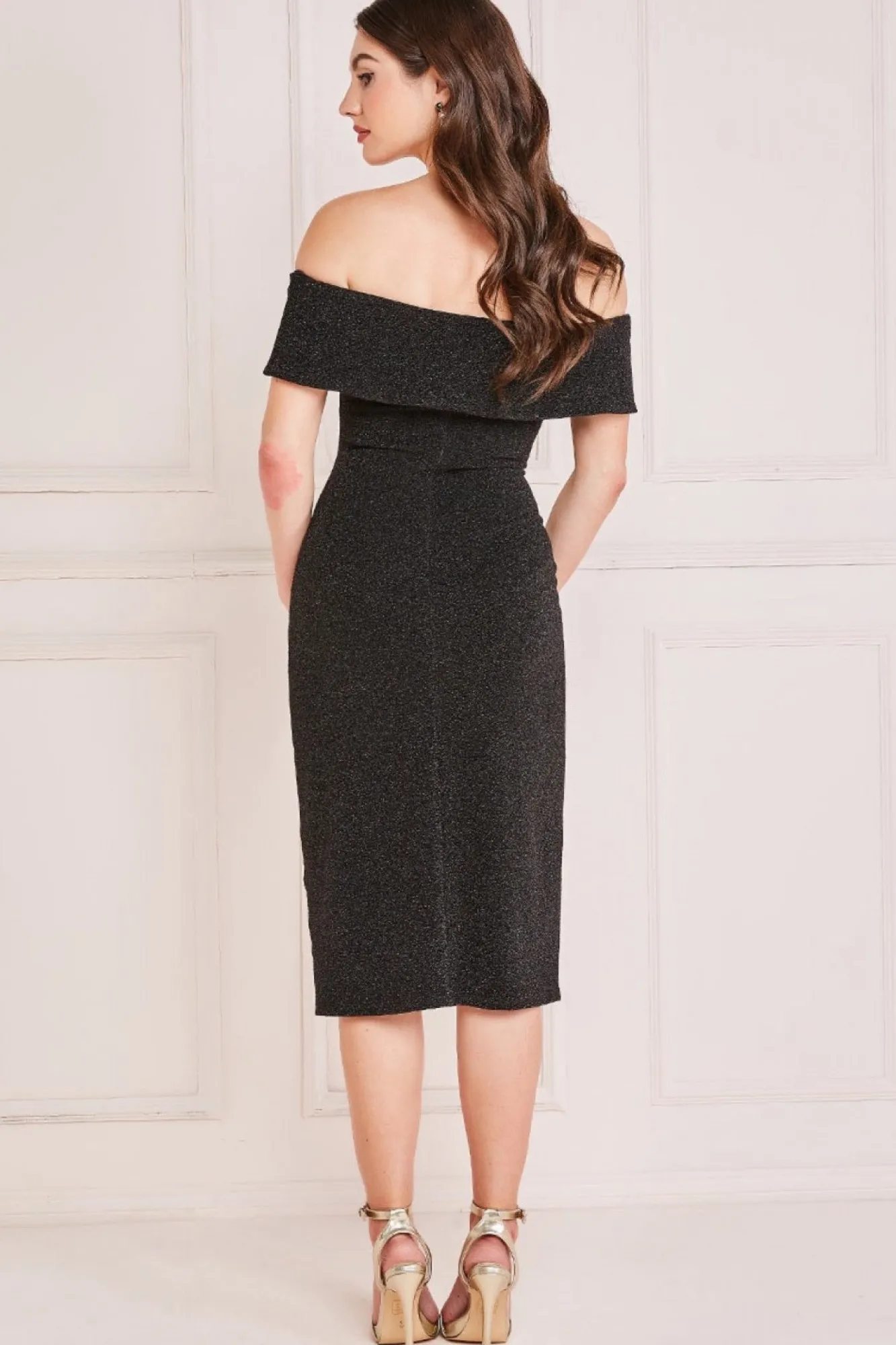 Midi Dresses^* Lurex Bardot Midi With Waterfall Ruffle Black