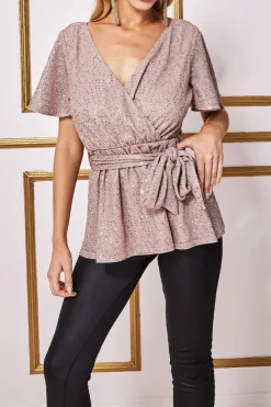 Blouses^* Lurex Flutter Sleeve Wrap Top Champagne