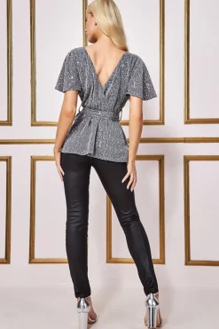 Blouses^* Lurex Flutter Sleeve Wrap Top Silver