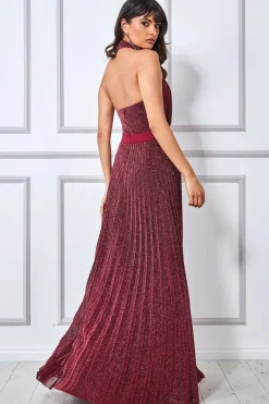 Maxi Dresses^* Lurex Halterneck Pleated Maxi Dress Wine
