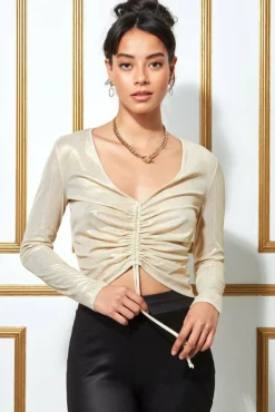 Crop Tops^* Metallic String Long Sleeve Top Creamgold