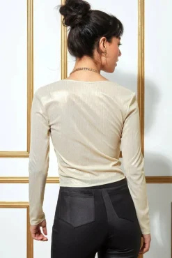 Crop Tops^* Metallic String Long Sleeve Top Creamgold