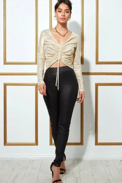 Crop Tops^* Metallic String Long Sleeve Top Creamgold