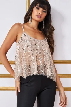 Crop Tops^* Naked See Through Sequin Cami Champagne