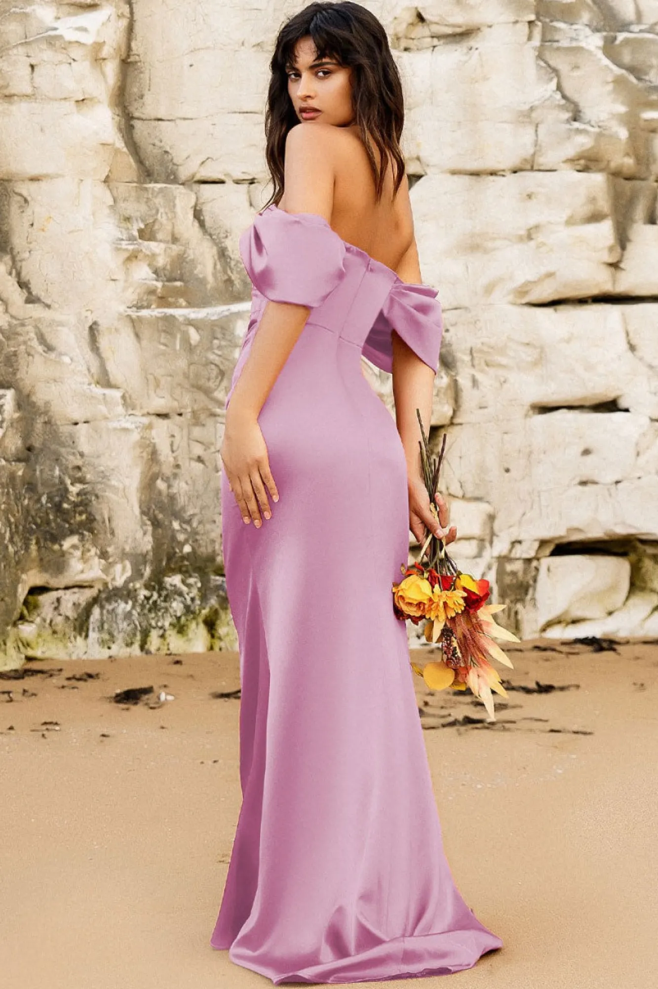 Maxi Dresses^* Off Shoulder Satin Maxi With V Neck Rosepink