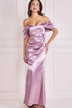 Maxi Dresses^* Off Shoulder Satin Maxi With V Neck Rosepink