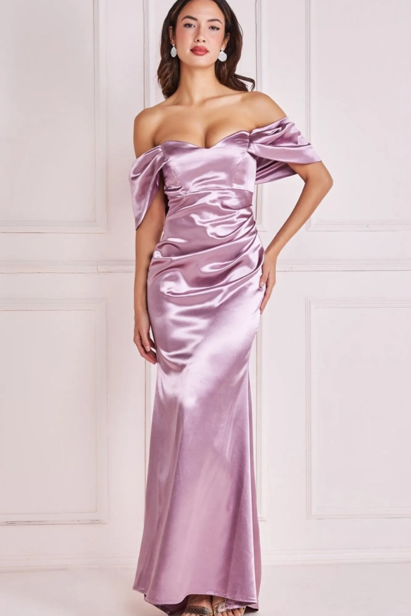 Maxi Dresses^* Off Shoulder Satin Maxi With V Neck Rosepink