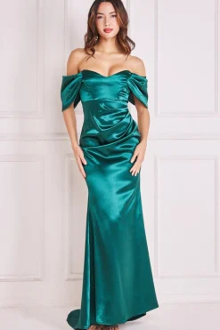 Maxi Dresses^* Off Shoulder Satin Maxi With V Neck Emerald
