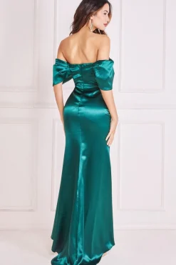 Maxi Dresses^* Off Shoulder Satin Maxi With V Neck Emerald