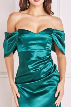 Maxi Dresses^* Off Shoulder Satin Maxi With V Neck Emerald