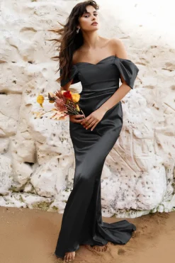 Maxi Dresses^* Off Shoulder Satin Maxi Dress With V Neck Black