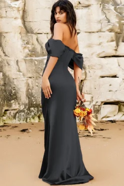 Maxi Dresses^* Off Shoulder Satin Maxi Dress With V Neck Black