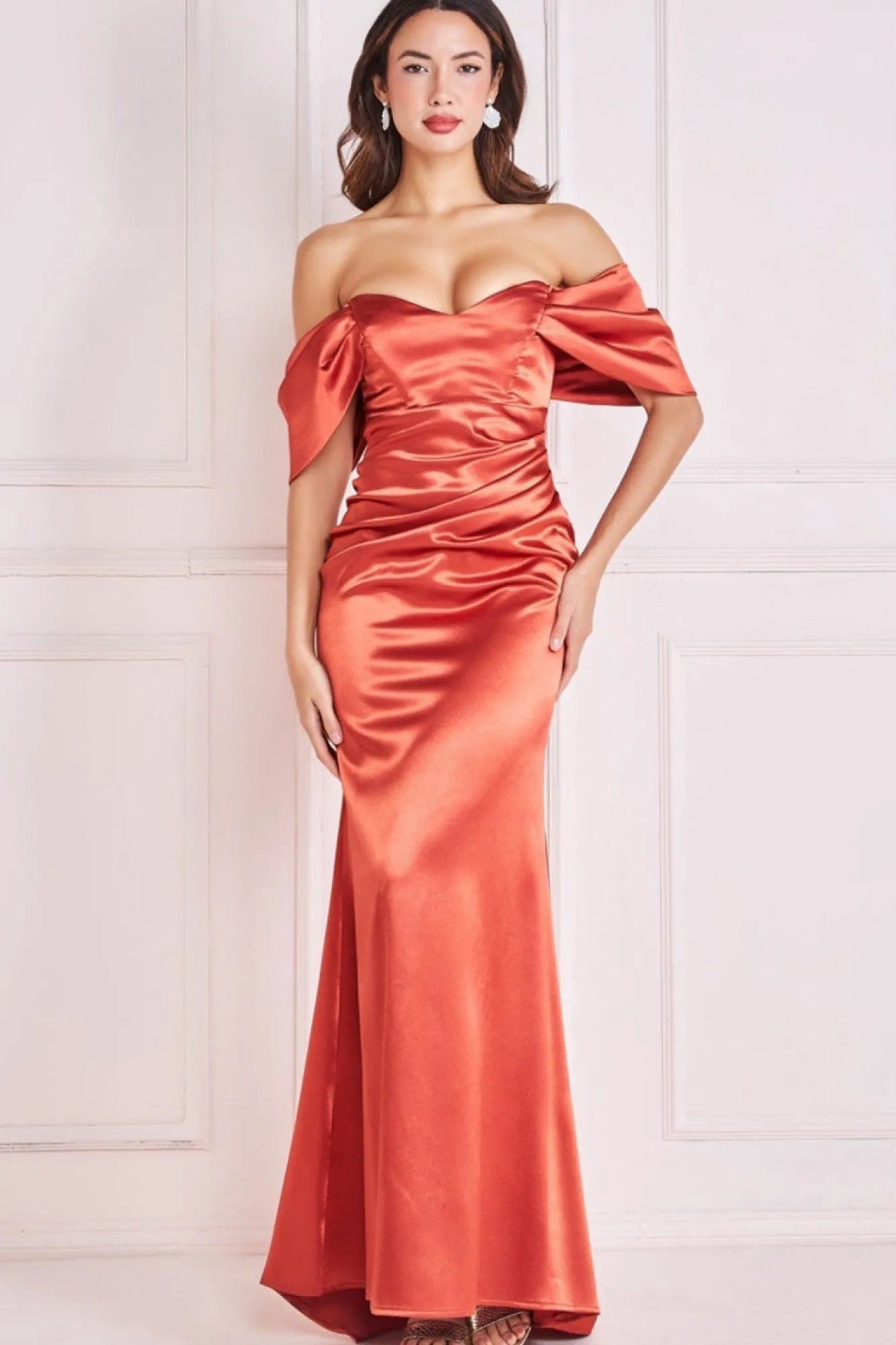 Maxi Dresses^* Off Shoulder Satin Maxi With V Neck Burntorange