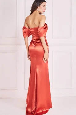 Maxi Dresses^* Off Shoulder Satin Maxi With V Neck Burntorange