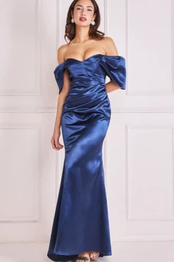 Maxi Dresses^* Off Shoulder Satin Maxi With V Neck Navy