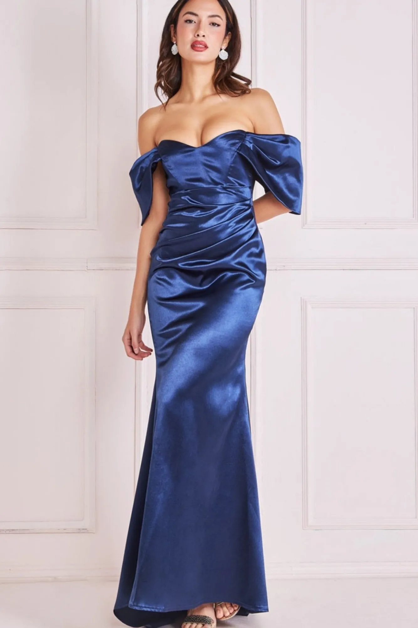 Maxi Dresses^* Off Shoulder Satin Maxi With V Neck Navy