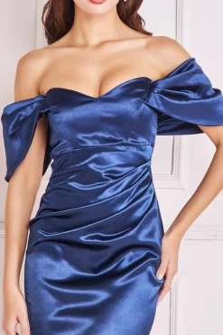 Maxi Dresses^* Off Shoulder Satin Maxi With V Neck Navy