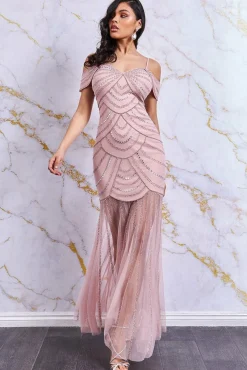 Maxi Dresses^* Off The Shoulder Maxi Dress With Mesh Skirt - Blush Powderblush