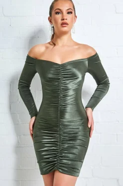Mini Dresses^* Off The Shoulder Ruched Mini Khaki