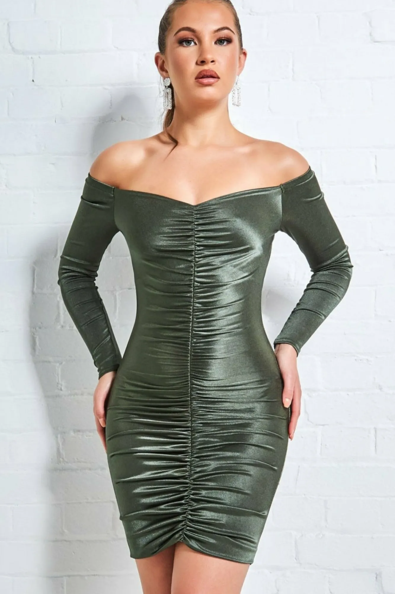 Mini Dresses^* Off The Shoulder Ruched Mini Khaki