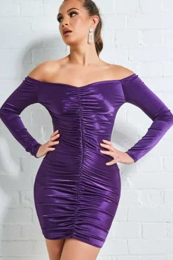 Mini Dresses^* Off The Shoulder Ruched Mini Purple