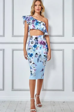 Crop Tops^* One Shoulder Floral Crop Top - Light Blue Lightblue