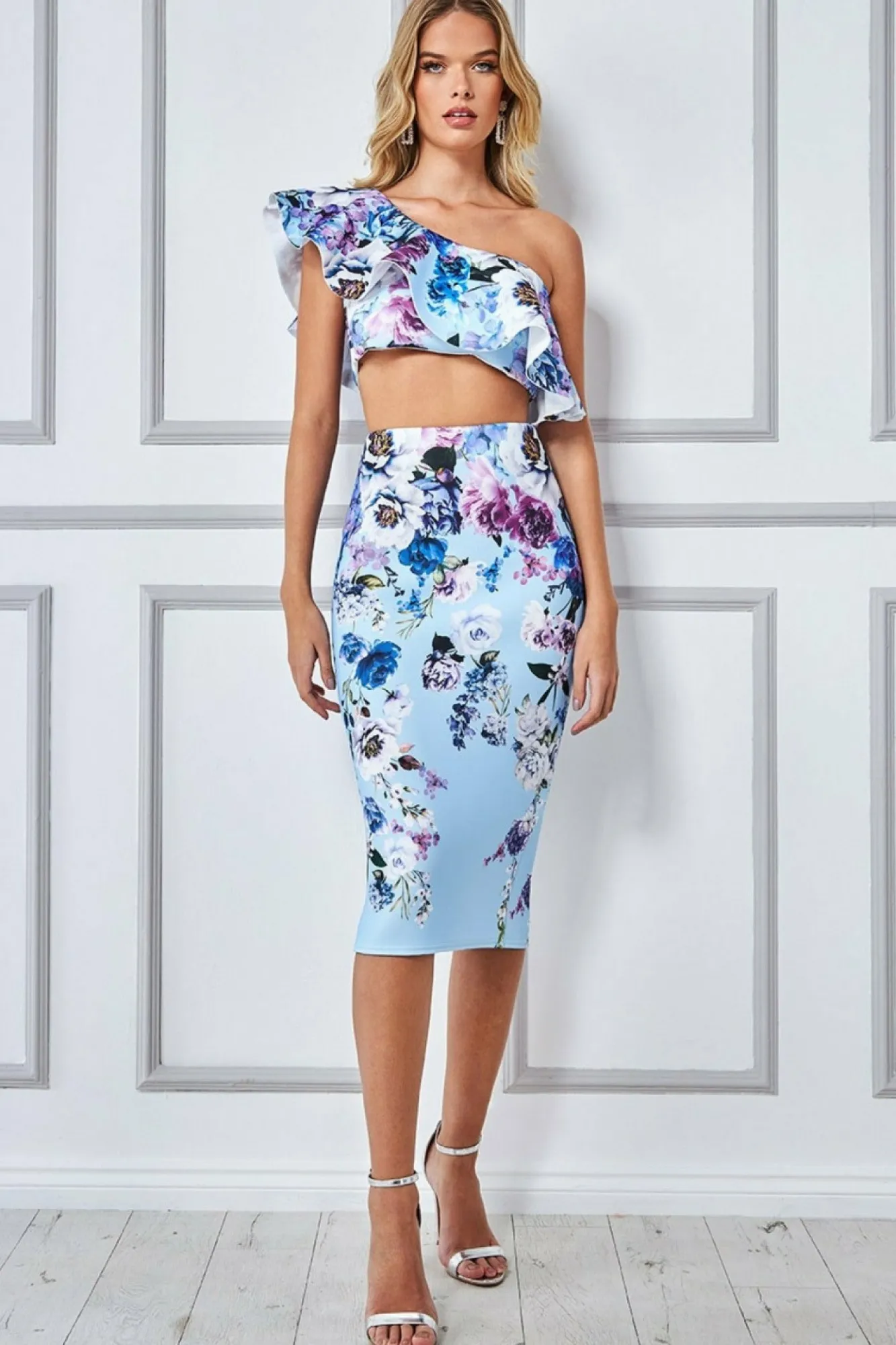 Crop Tops^* One Shoulder Floral Crop Top - Light Blue Lightblue