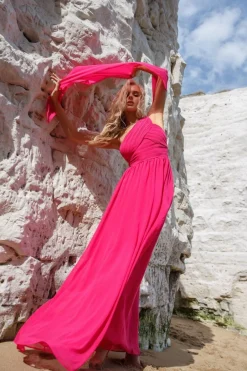 Maxi Dresses^* One Shoulder Pleated Chiffon Scarf Maxi - Hot Pink Hotpink