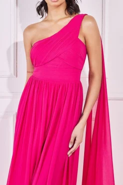 Maxi Dresses^* One Shoulder Pleated Chiffon Scarf Maxi - Hot Pink Hotpink