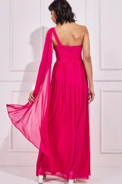 Maxi Dresses^* One Shoulder Pleated Chiffon Scarf Maxi - Hot Pink Hotpink