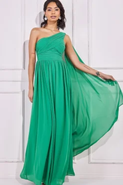 Maxi Dresses^* One Shoulder Pleated Chiffon Scarf Maxi Green