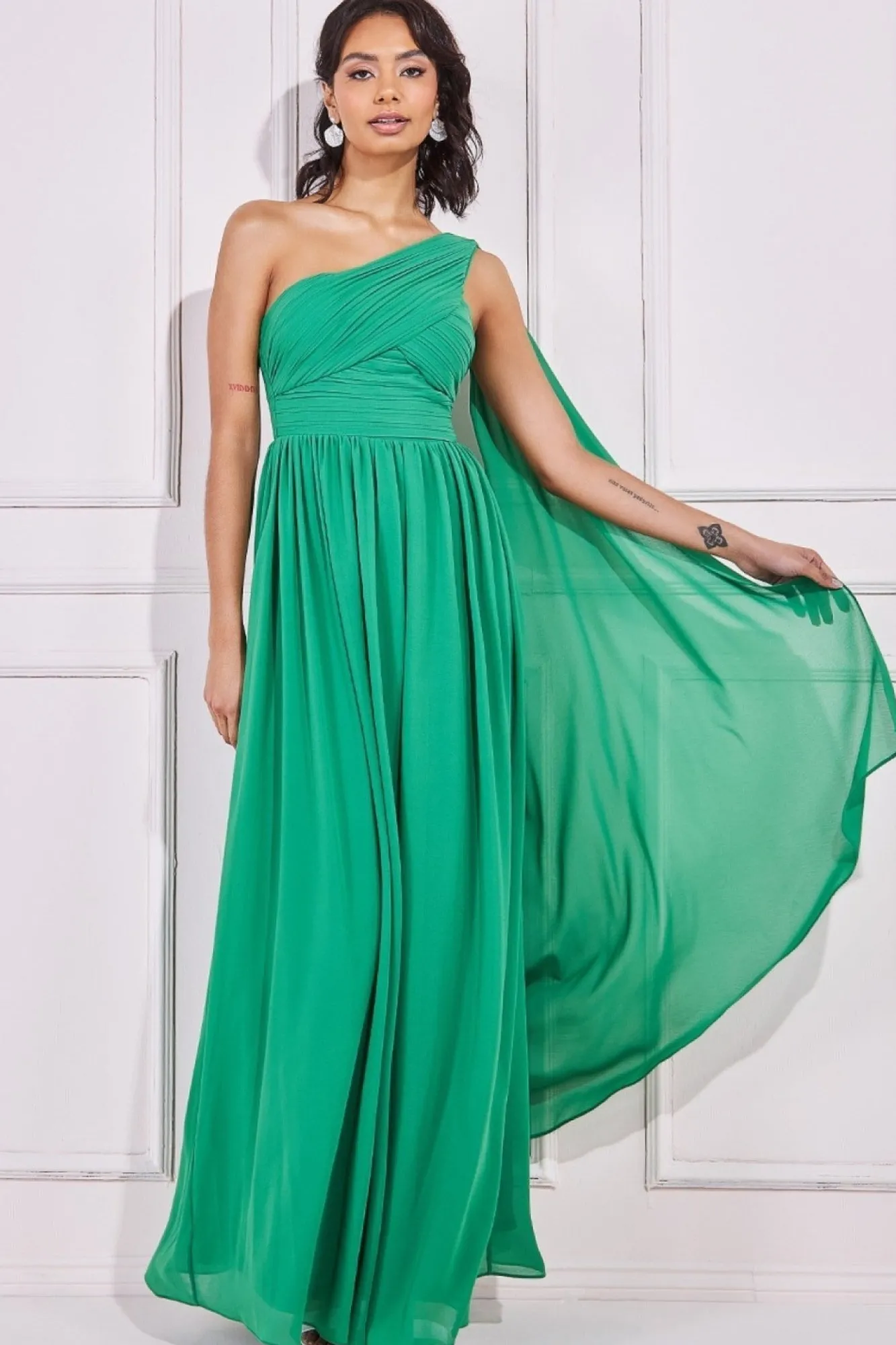 Maxi Dresses^* One Shoulder Pleated Chiffon Scarf Maxi Green
