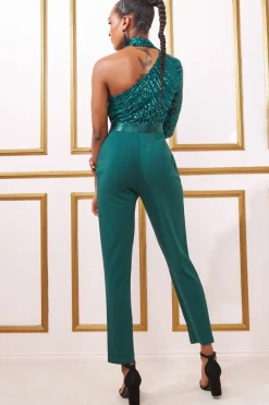 Jumpsuits^* One Shoulder Sequin Jumpsuit Emerald