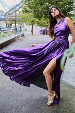 Maxi Dresses^* One Shoulder Slinky Foil Flared Maxi Dress Purple